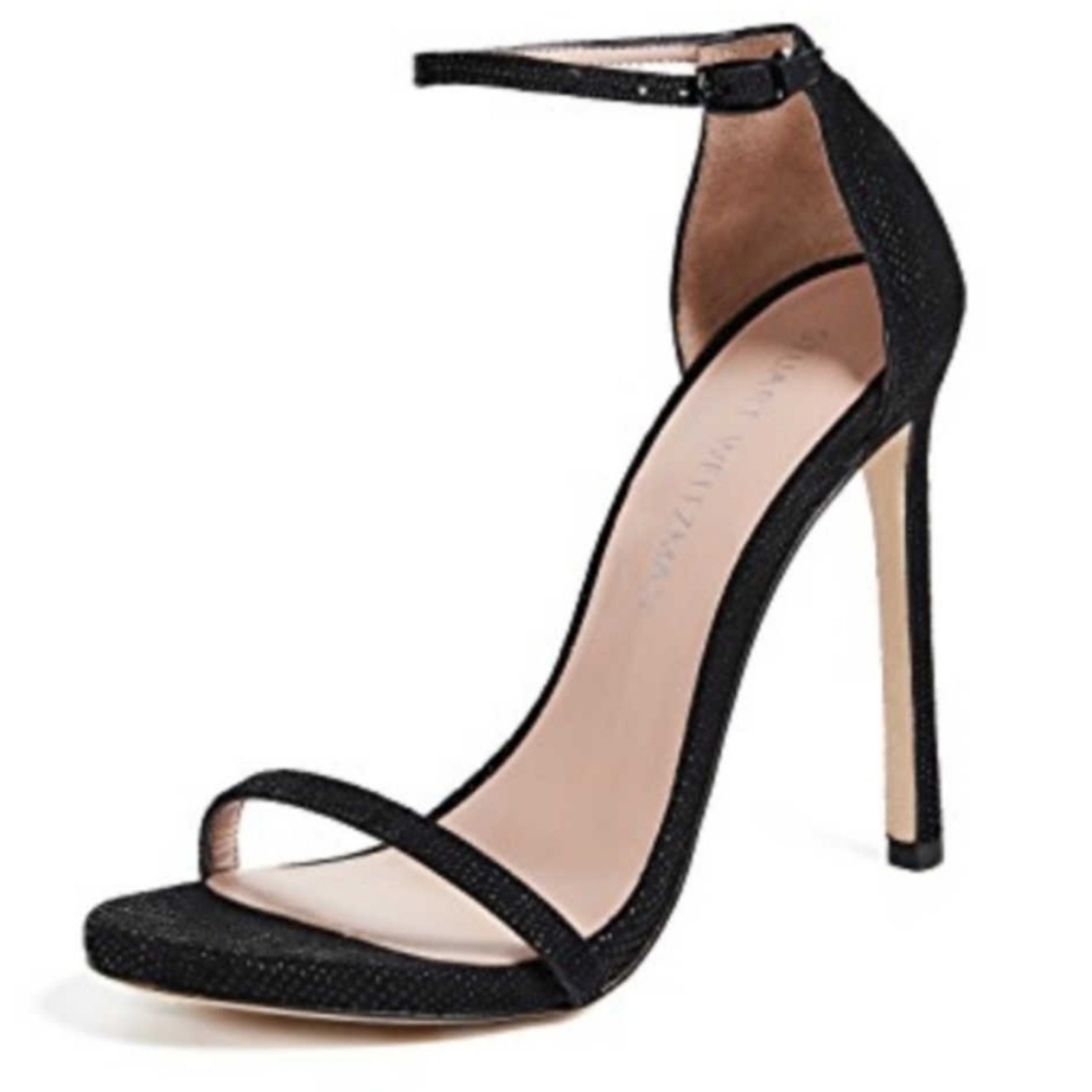 Stuart Weitzman Black Pebbled Leather Nudist Heeled Sandals, Size 7